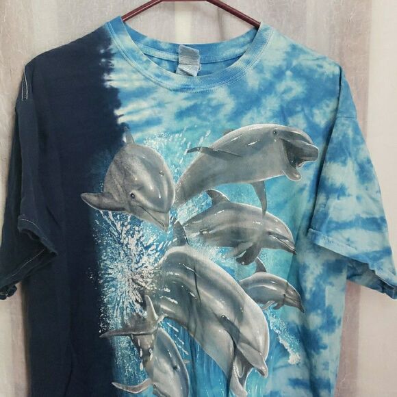 Animal Dolphins Shirt Blue All Over Print Ocean Nature Graphic Tee Size L - Picture 2 of 8